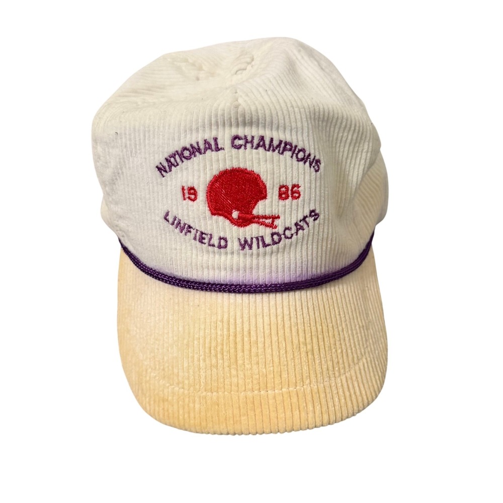 Vintage 1986 Linfield Wildcats National Champions Corduroy Hat Snapback FLAWED